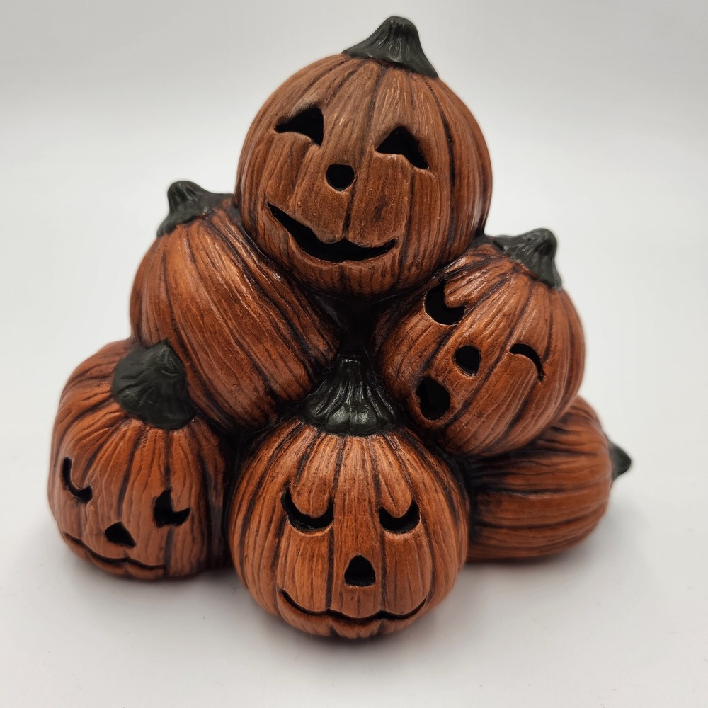 VTG 90s Tampa Bay Mold Ceramic Pumpkin Stack Figurine Luminary Jack-O-Lantern 4"